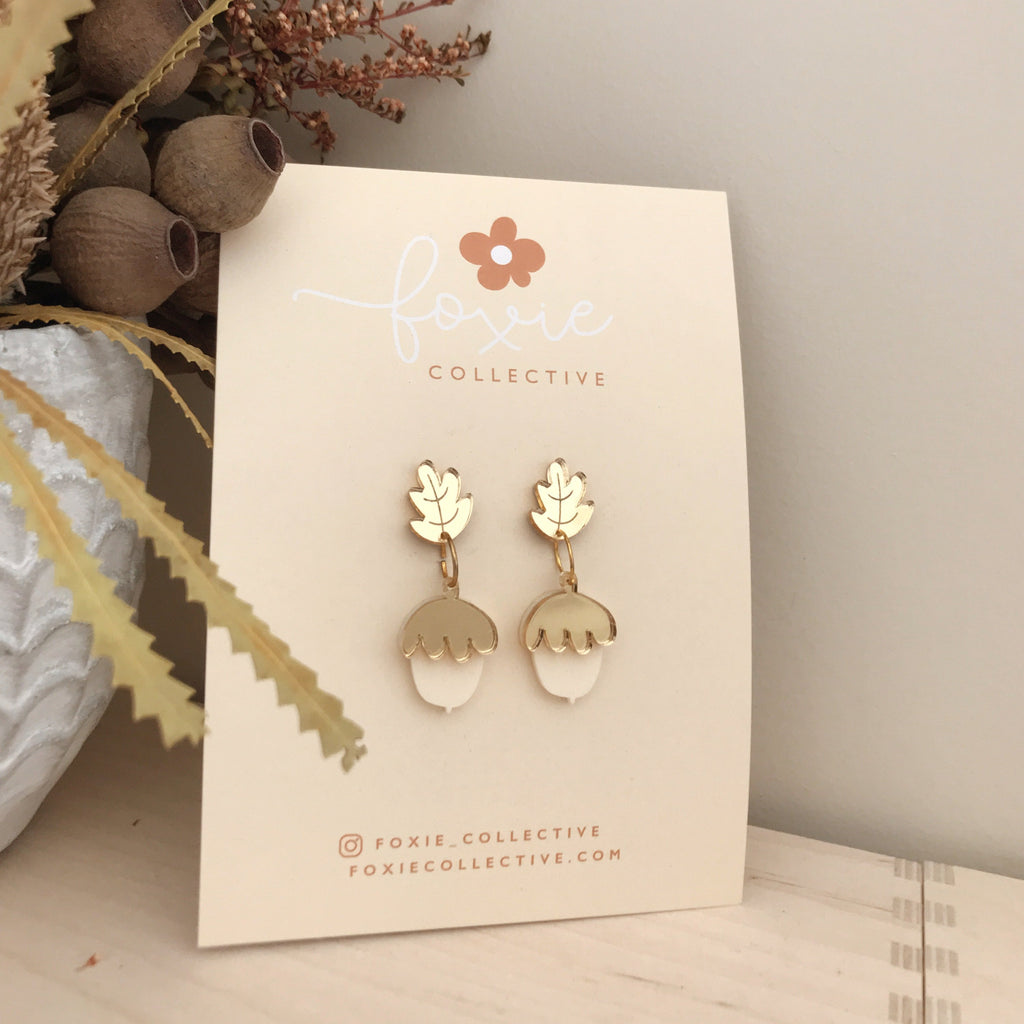 Acorn Earrings | Gold Mirror + Cream