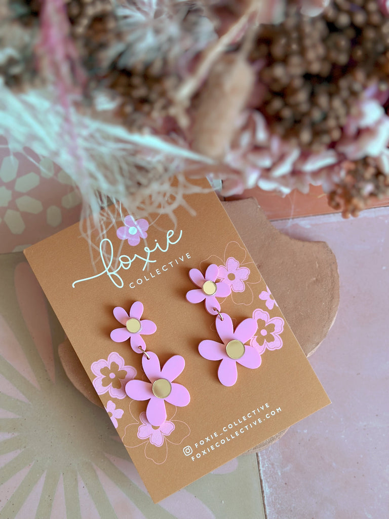 Double Daisy Dangles | Candy Pink + Gold