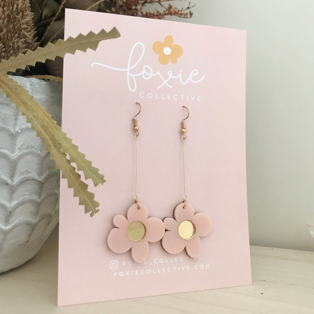 Moon Flower Dangle Earrings | Pale Pink + Gold