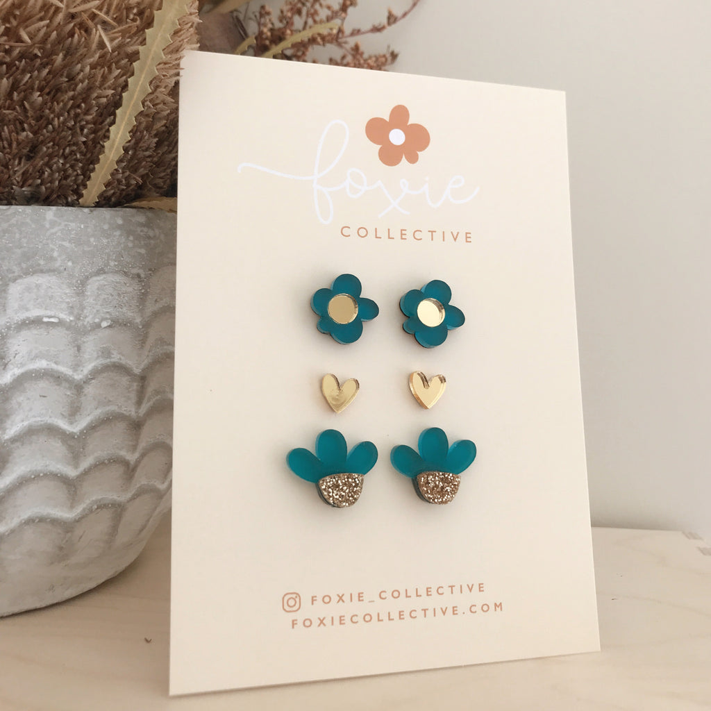 Stud Pack Trio | Frosted Teal + Gold