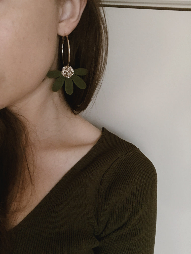 Jumbo Daisy Hoop Earrings | Olive + Gold Glitter