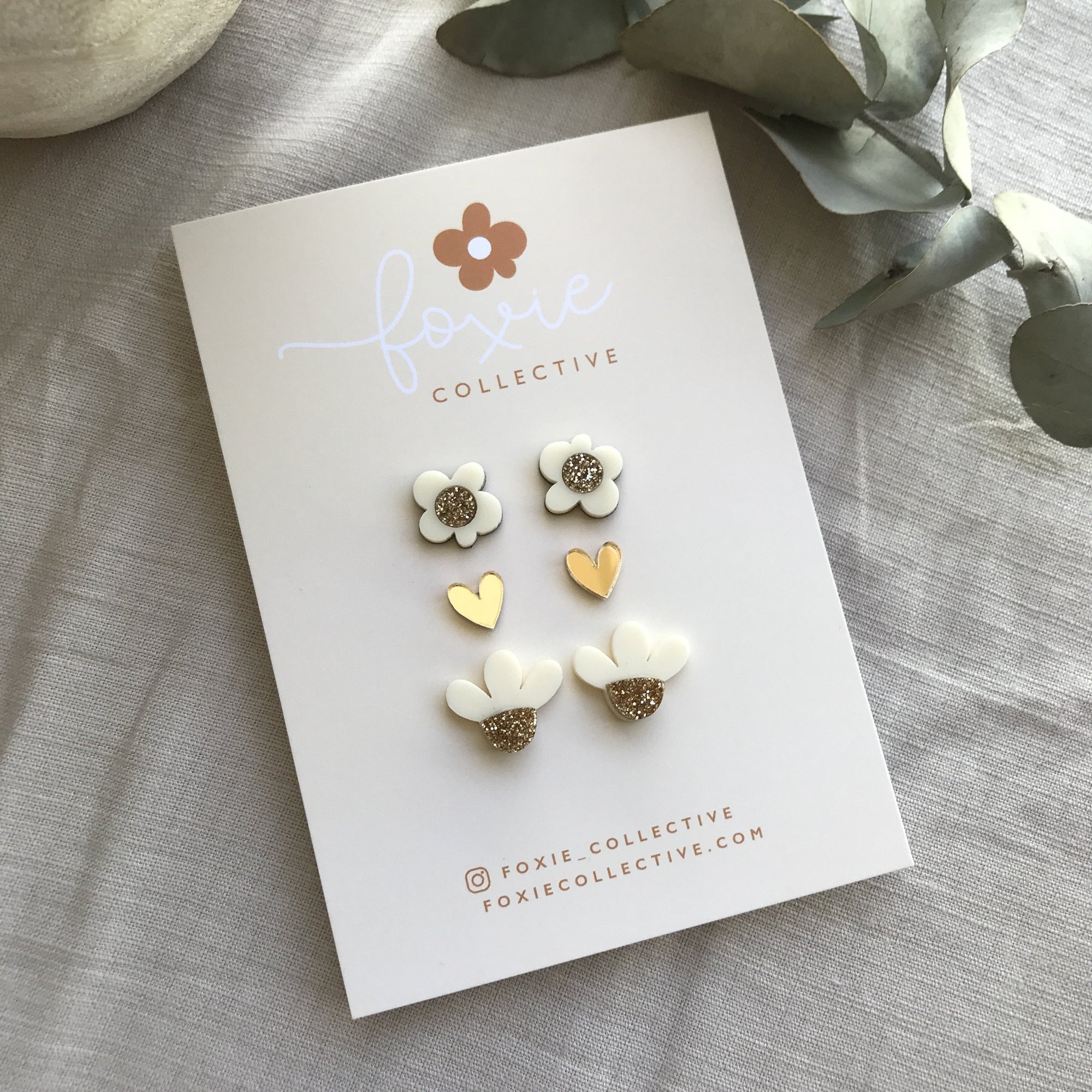 Stud Pack Trio #2 | Cream + Gold Glitter