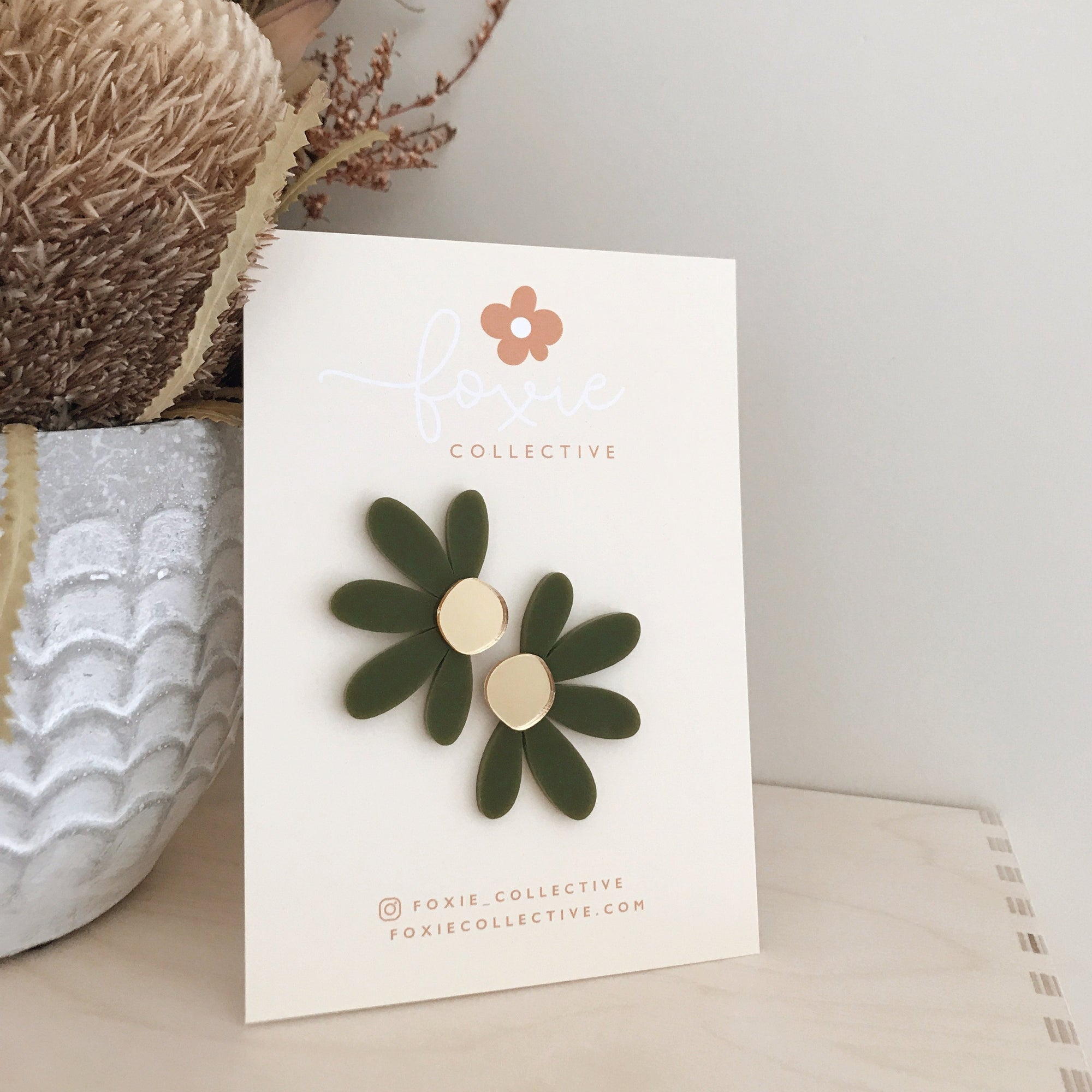 Jumbo Daisy Stud Earrings | Olive Green + Gold