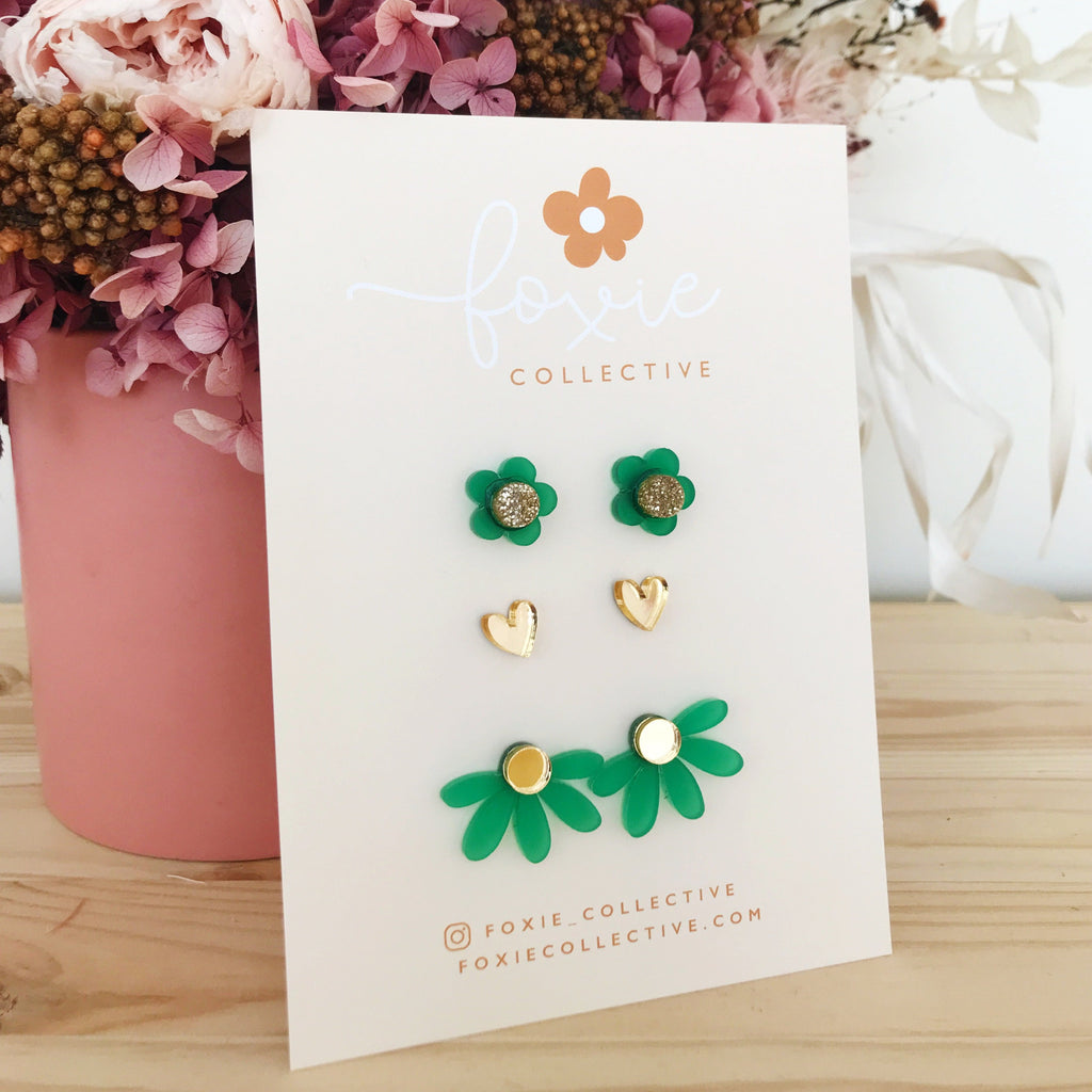 STUD PACK TRIO | Frosted Green + Gold