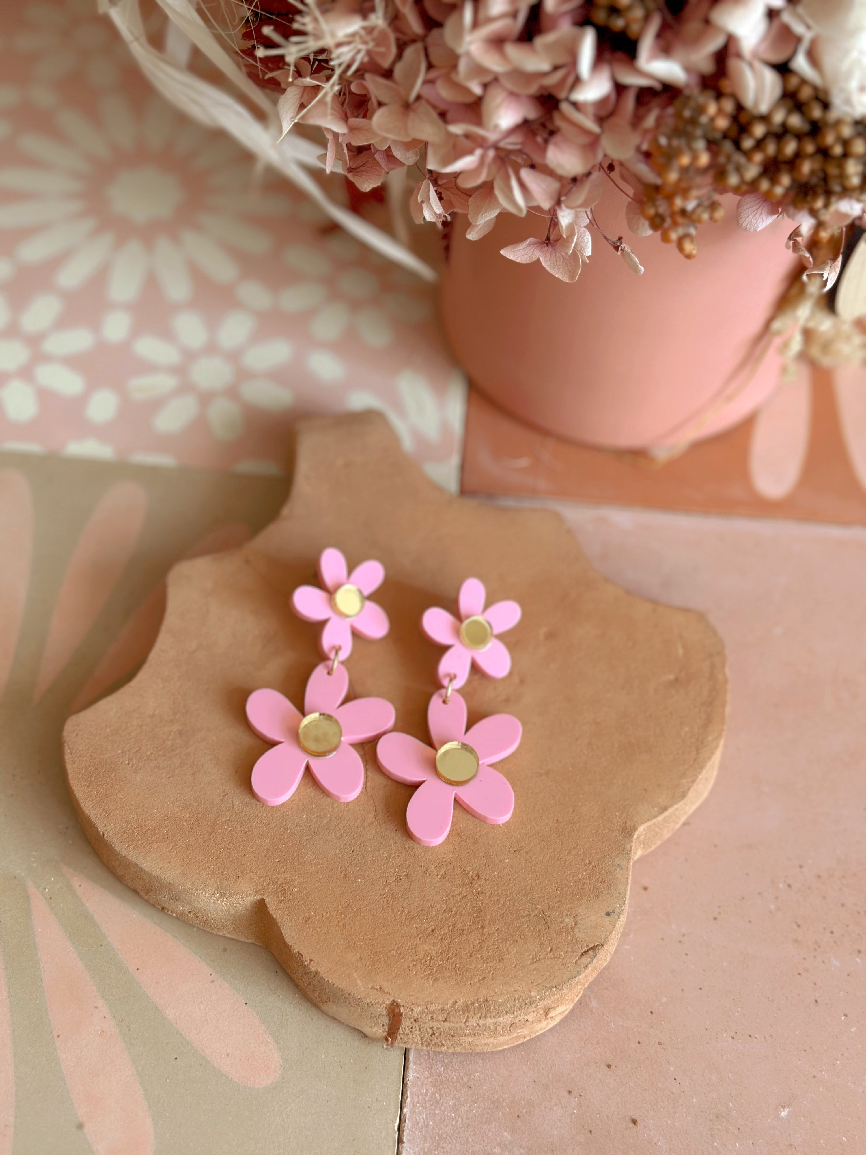 Double Daisy Dangles | Candy Pink + Gold | WHOLESALE
