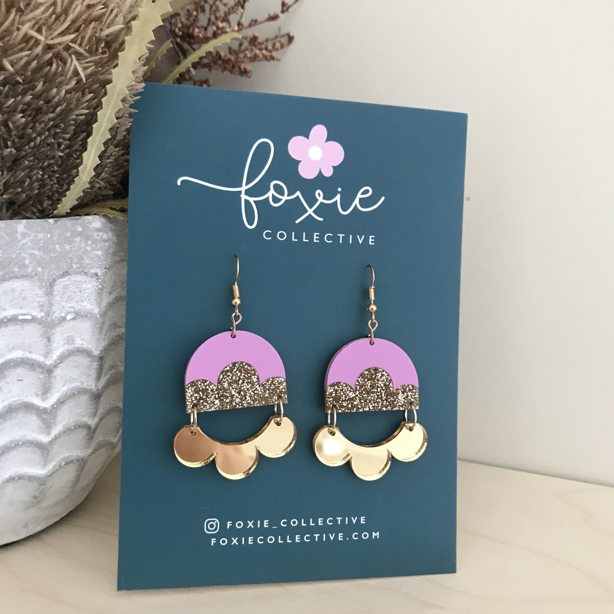 Foxie Earrings | Matte Lilac + Gold Glitter