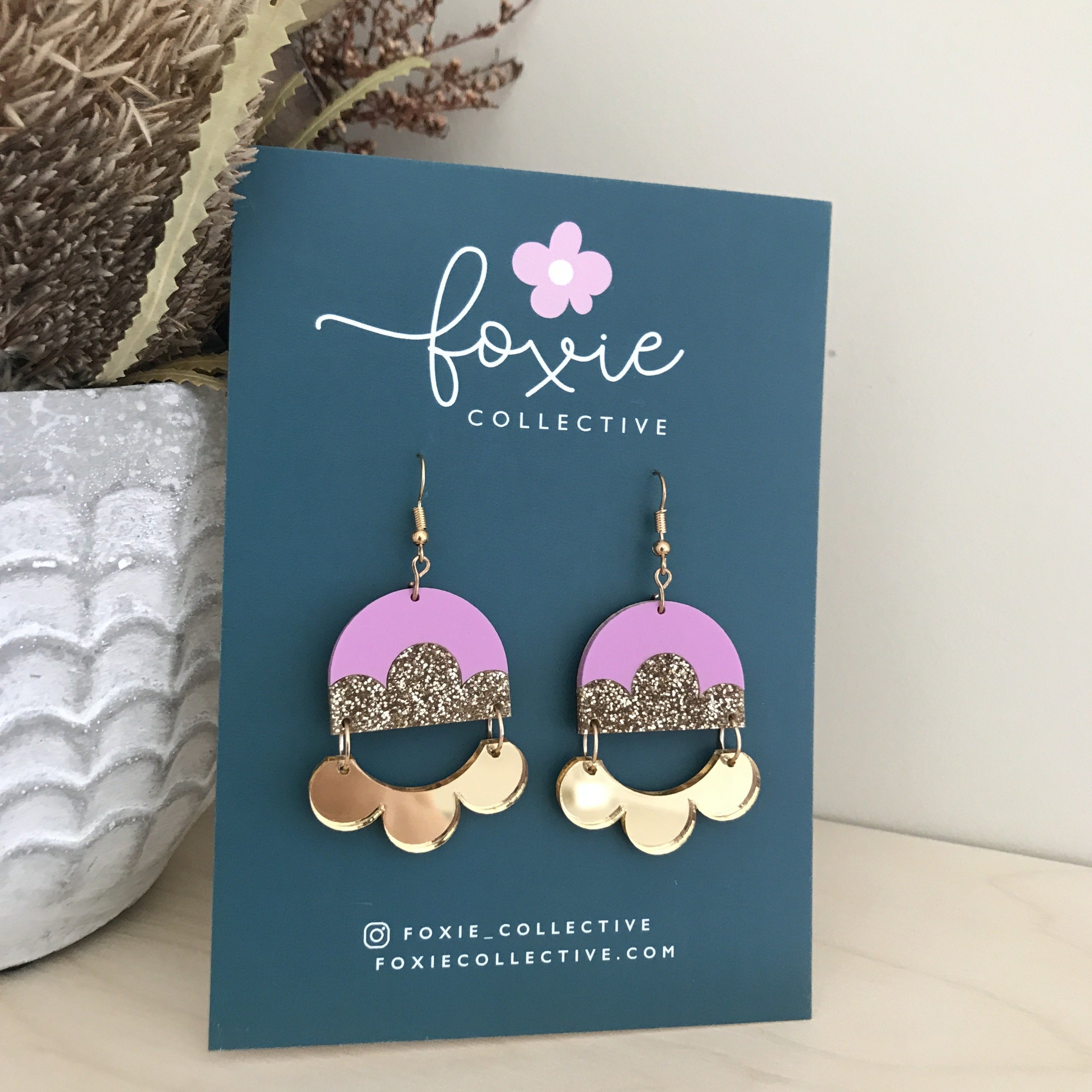 Foxie Earrings | Matte Lilac + Gold Glitter