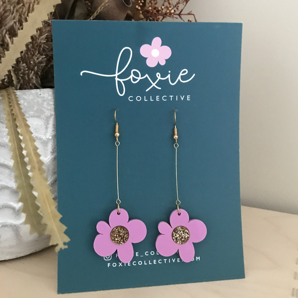 Moon Flower Dangle Earrings | Lilac + Gold Glitter
