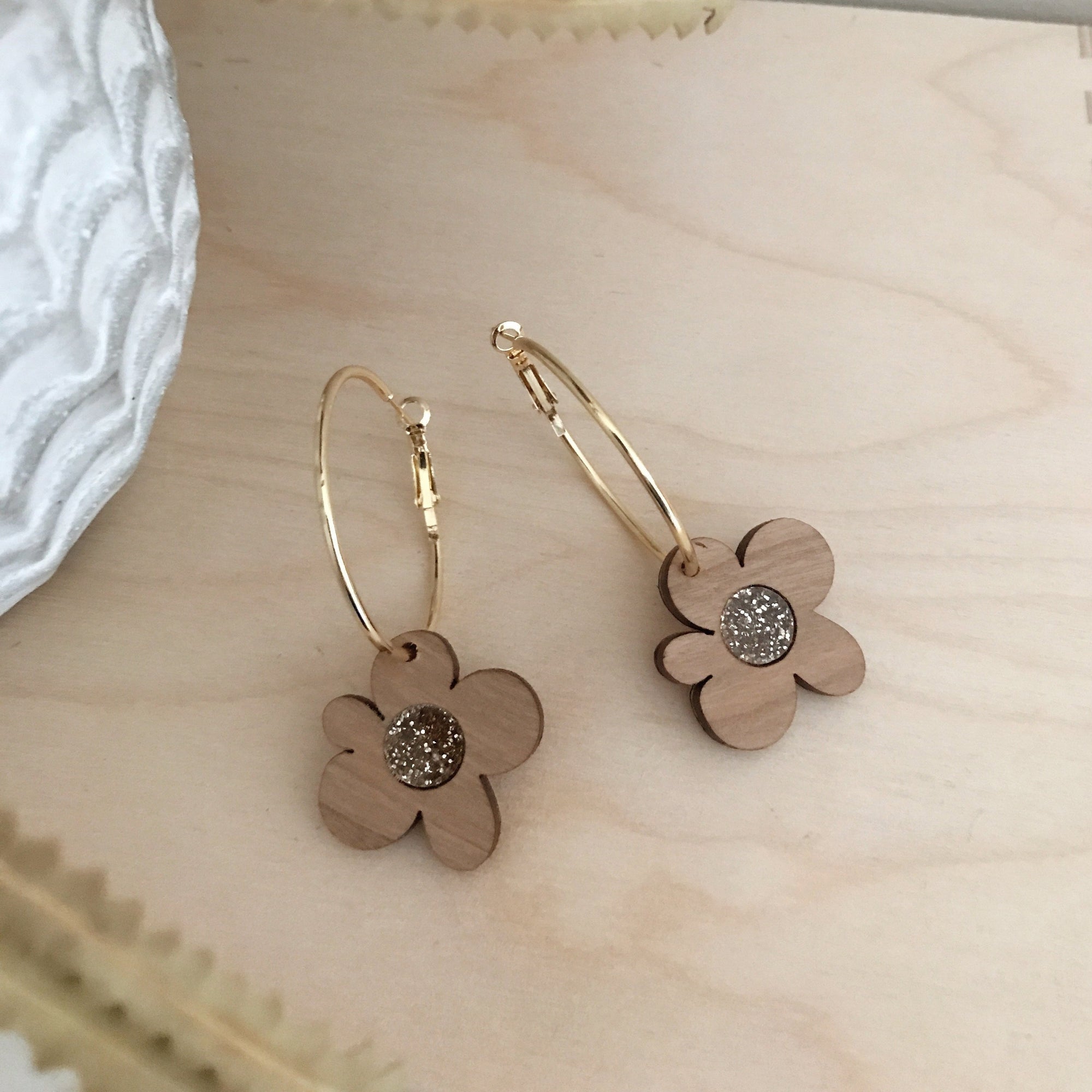 Moon Flowers Hoops Earrings | Cherrywood + Gold Glitter