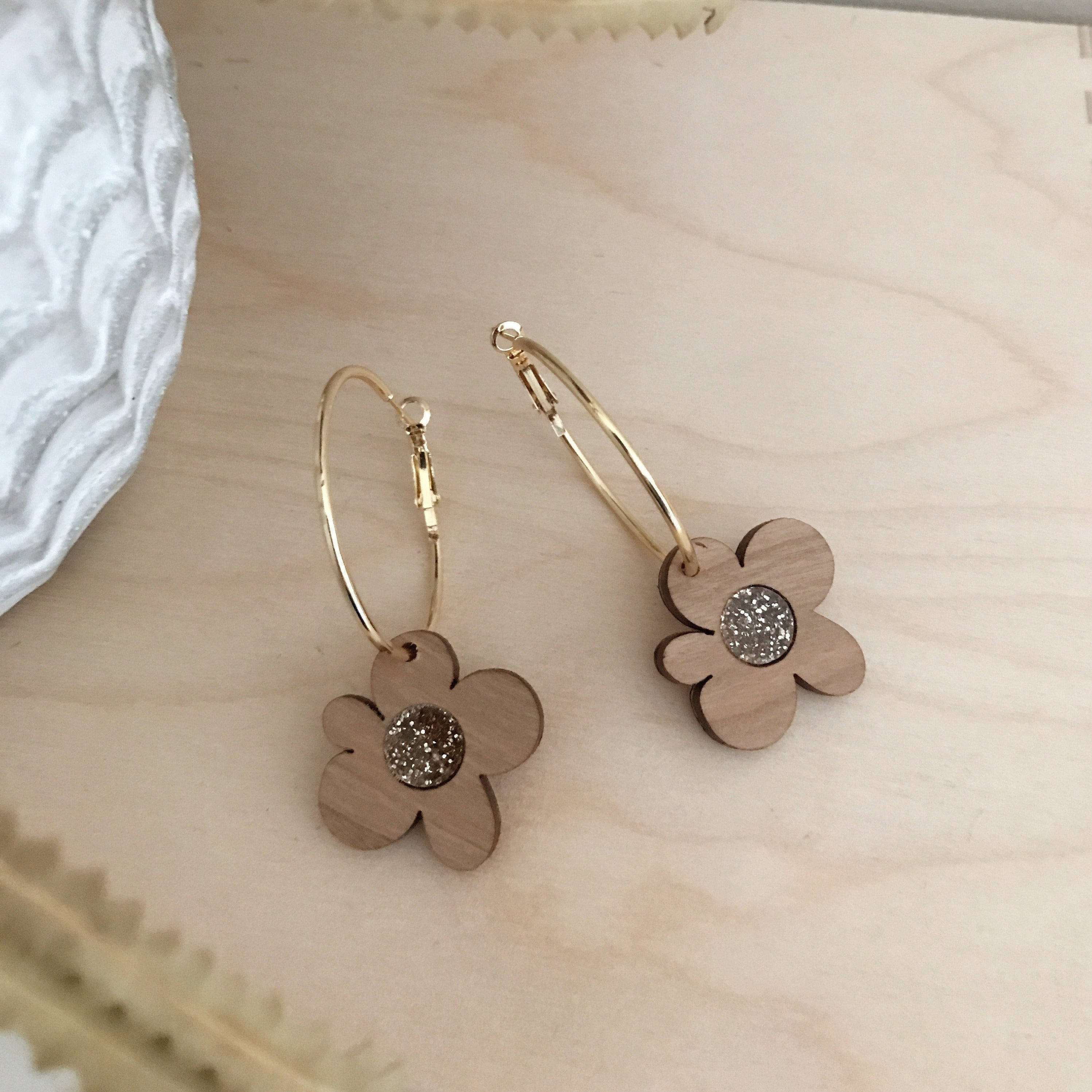 Moon Flowers Hoops Earrings | Cherrywood + Gold Glitter