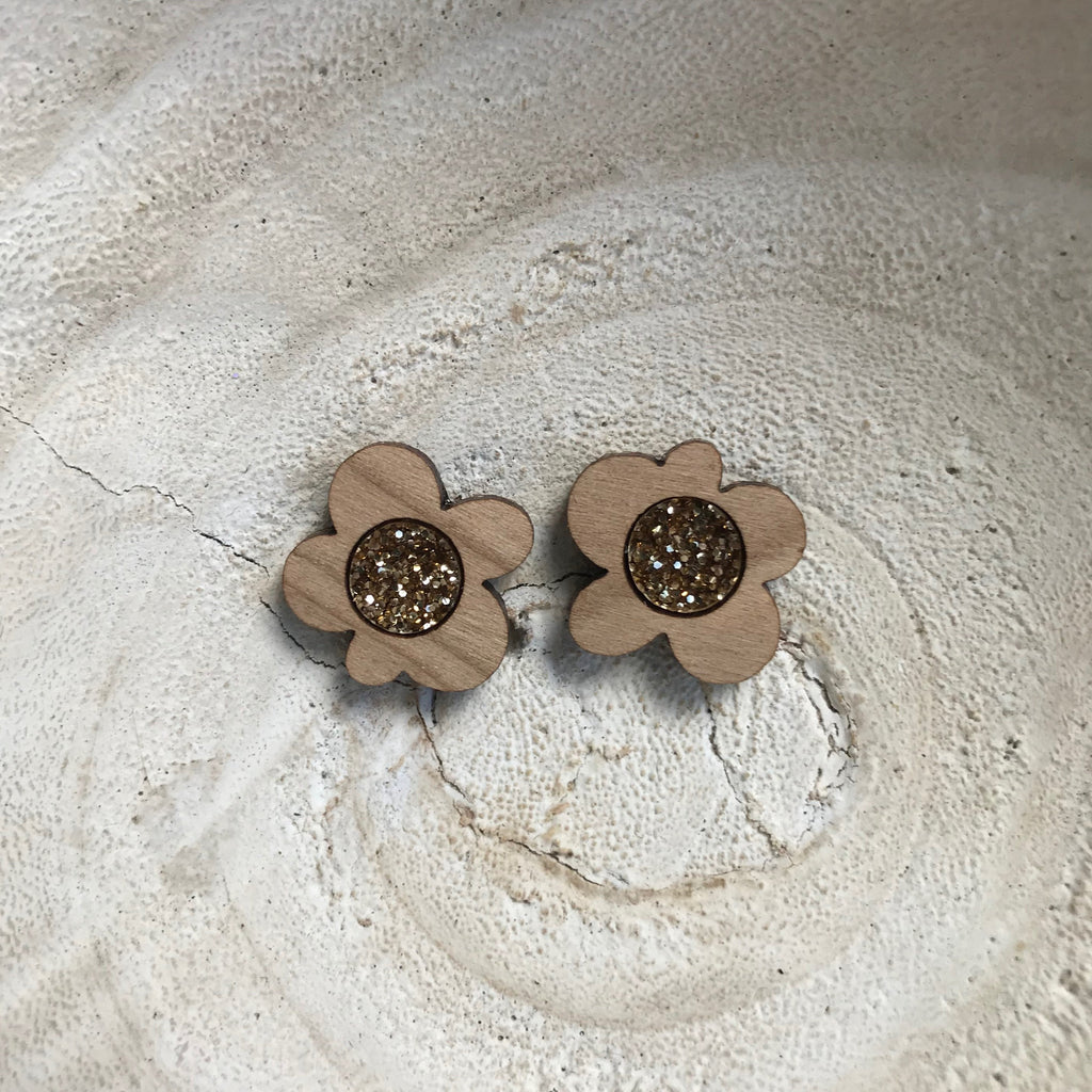 Flower Stud Earrings | Cherrywood + Gold Glitter