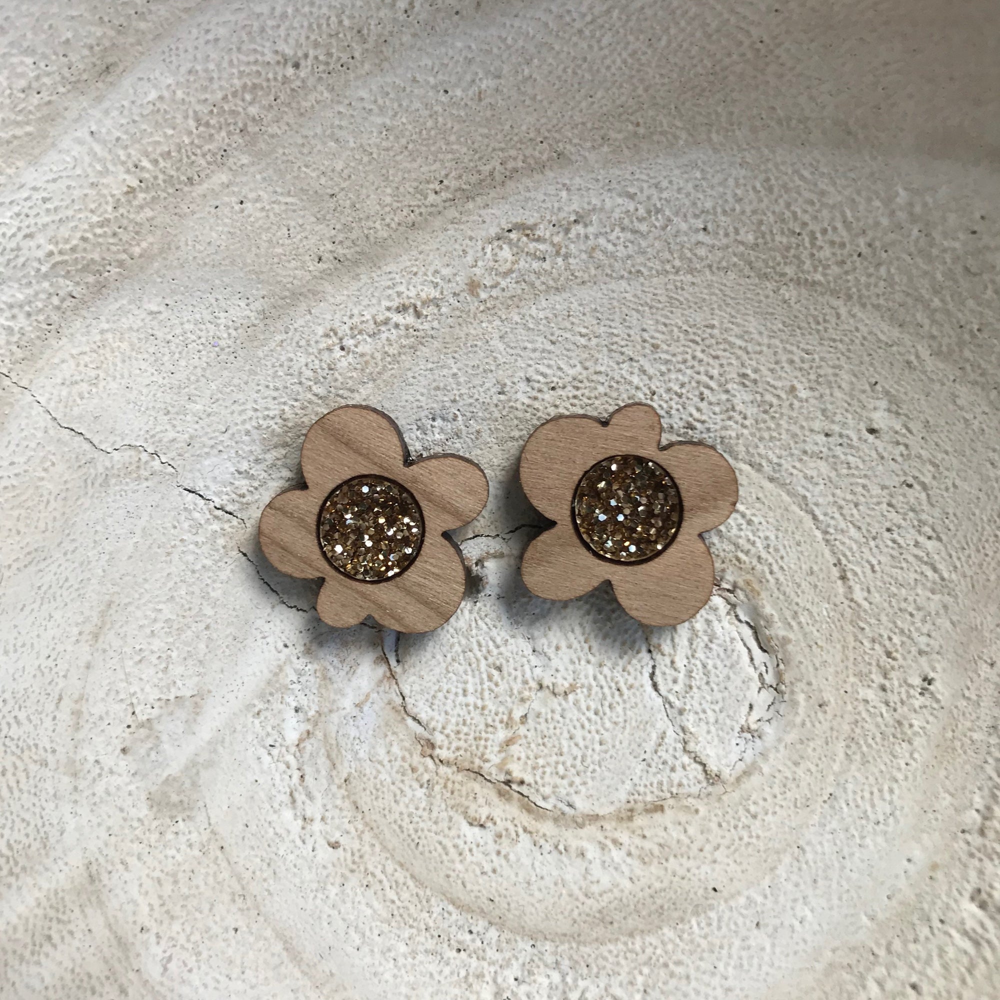 Flower Stud Earrings | Cherrywood + Gold Glitter | WHOLESALE