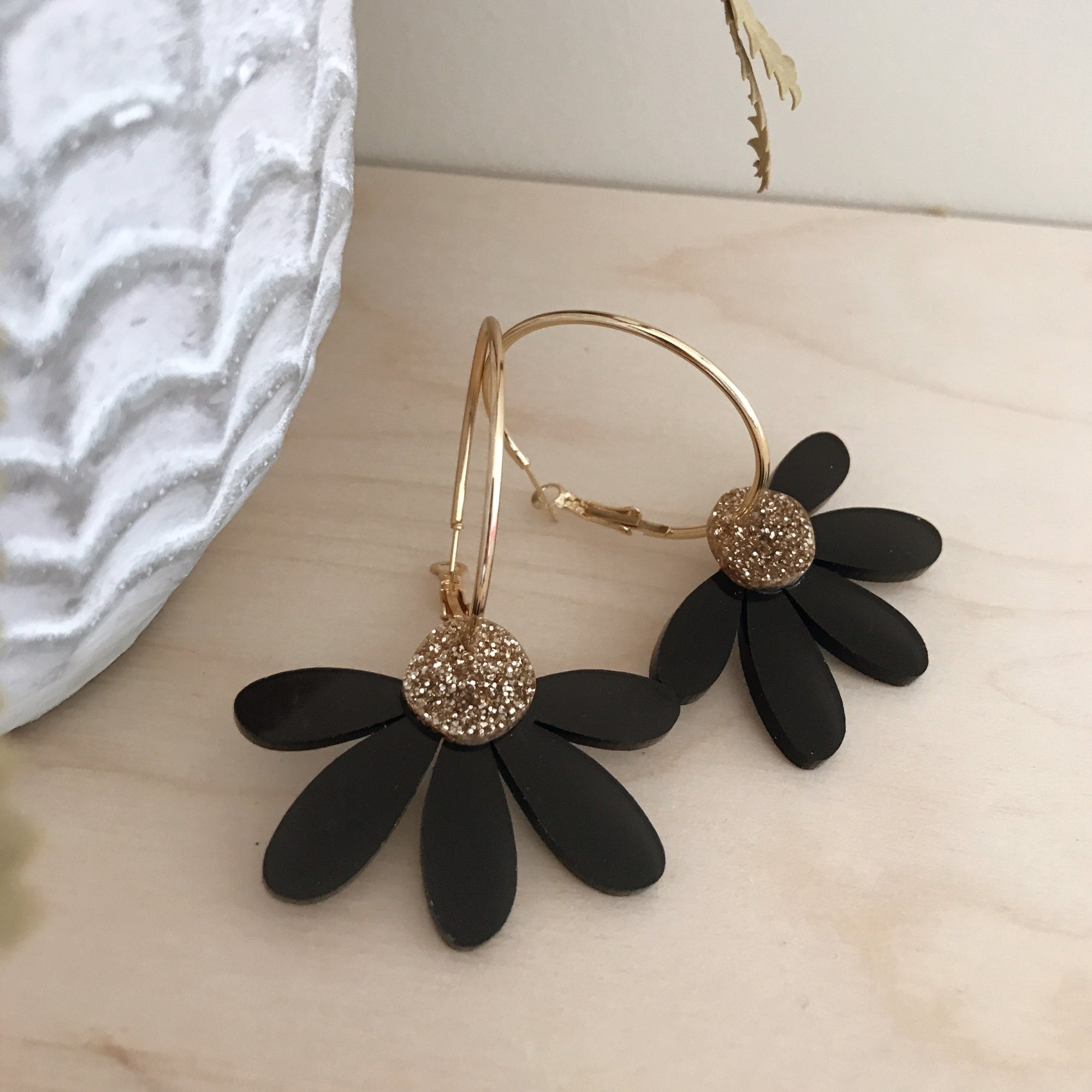 Jumbo Daisy Hoop Earrings | Black + Gold Glitter