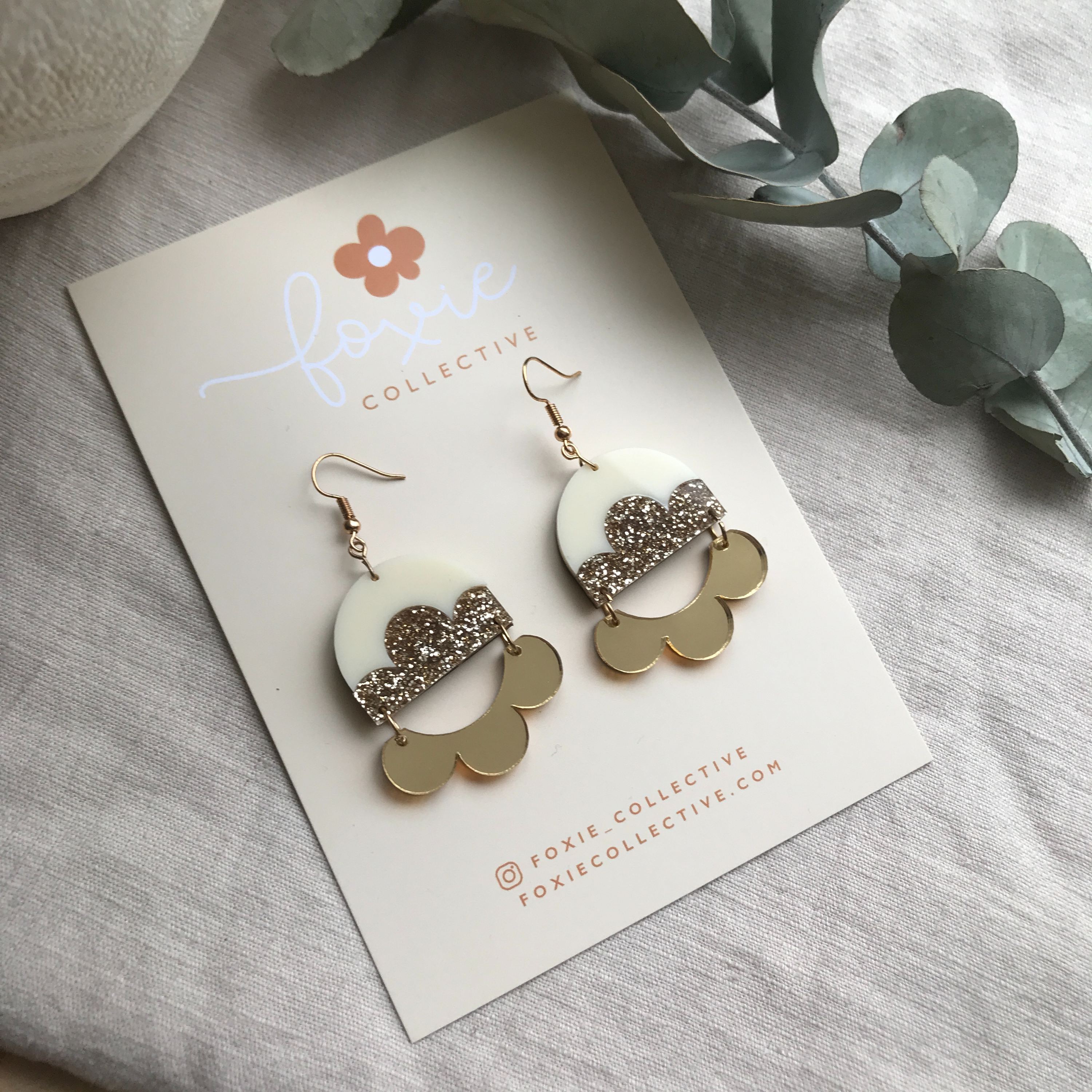 Foxie Earrings | Cream + Gold + Gold Glitter