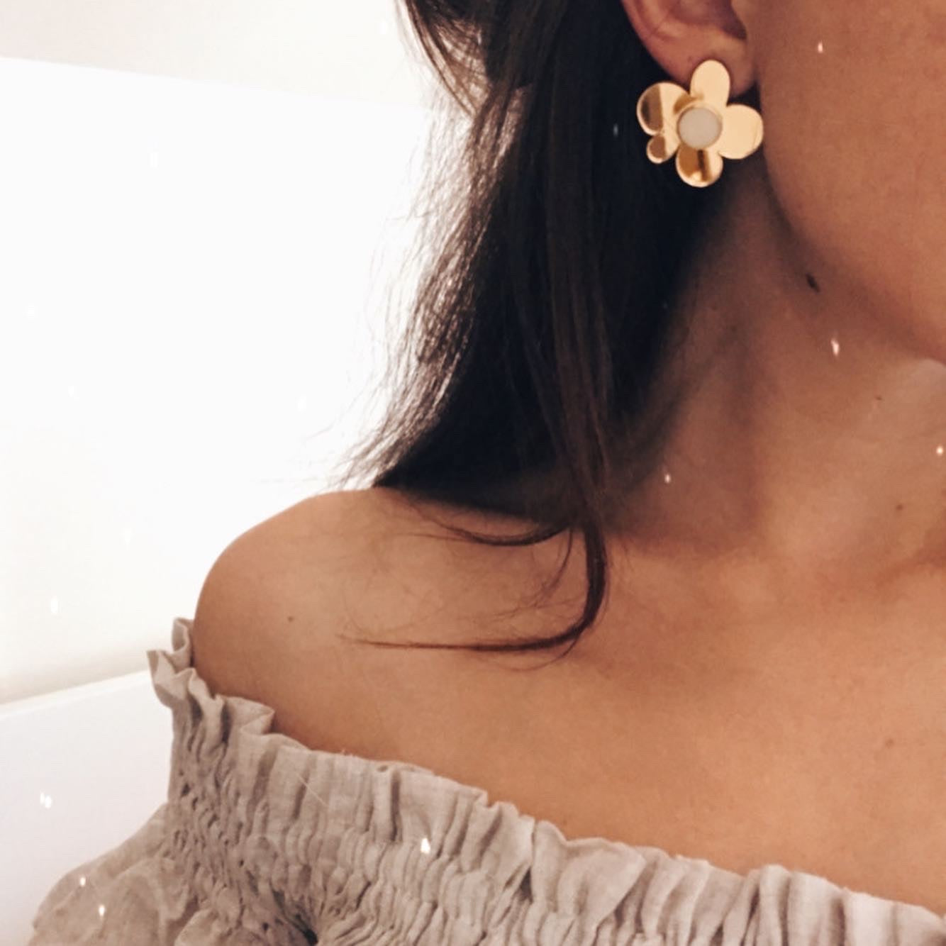Moon Flower Statement Studs Earrings | Gold + Cream